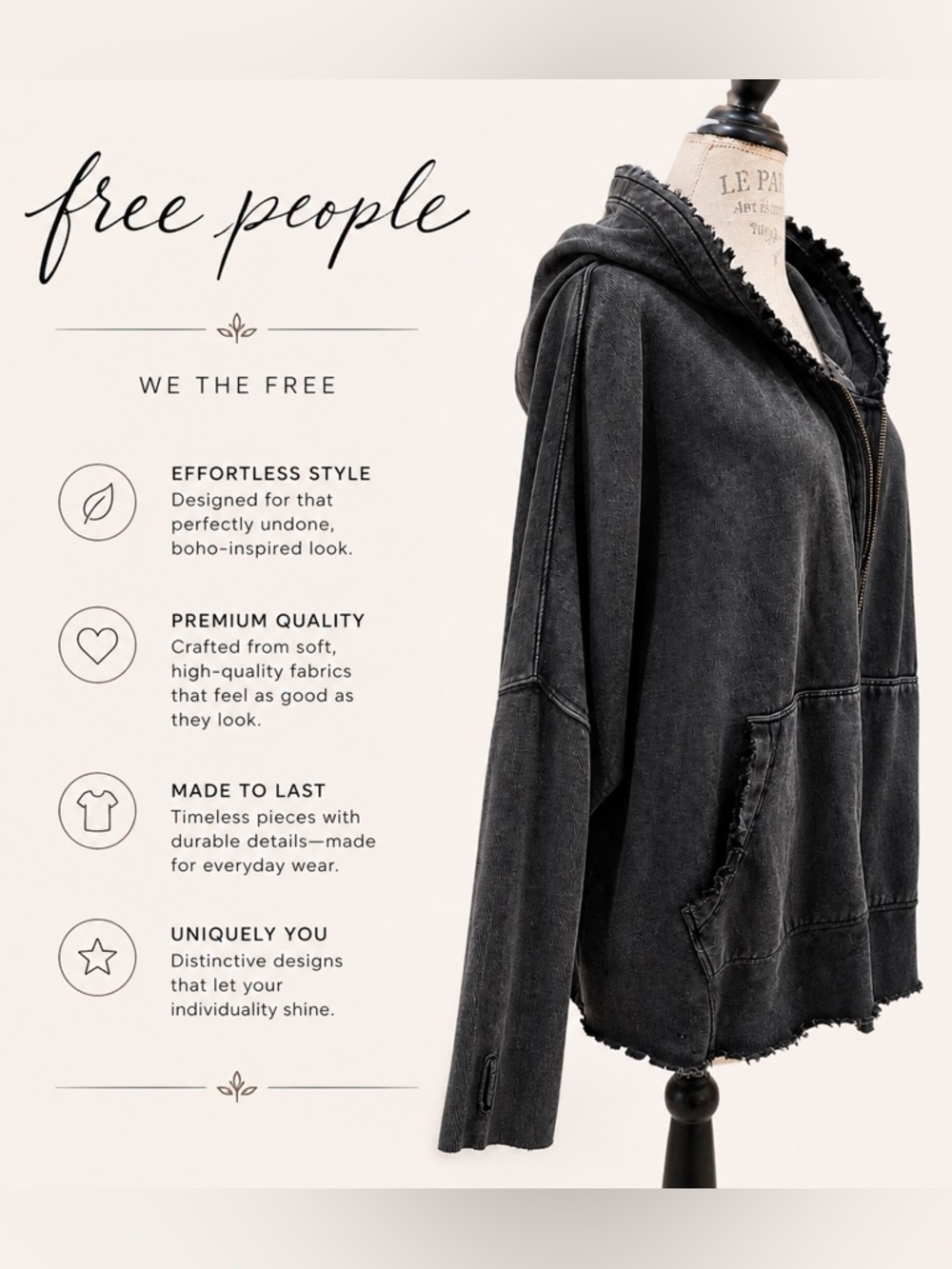Free People Oversized Zip Hoodie Distressed Raw Hem Slouchy Charcoal Gray Boho